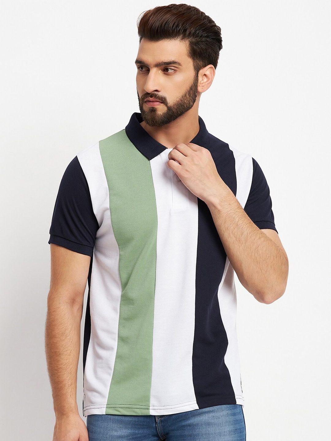 

VERO AMORE Colourblocked Polo Collar Cotton T-Shirt, Green