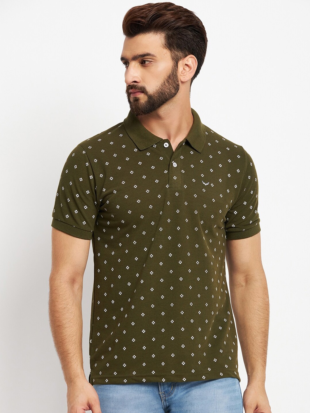 

VERO AMORE Conversational Printed Polo Collar Cotton T-shirt, Olive