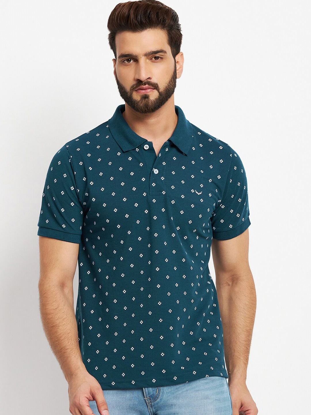 

VERO AMORE Polka Dot Printed Polo Collar Cotton T-shirt, Blue