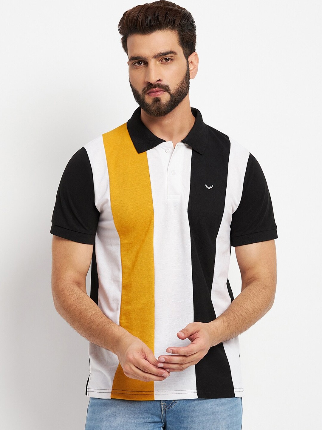 

VERO AMORE Men Striped Cotton Polo Collar T-shirt, Yellow