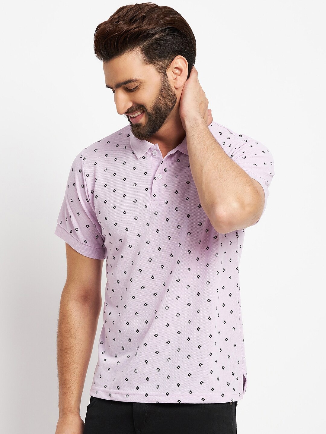 

VERO AMORE Geometric Printed Polo Collar Cotton T-shirt, Lavender