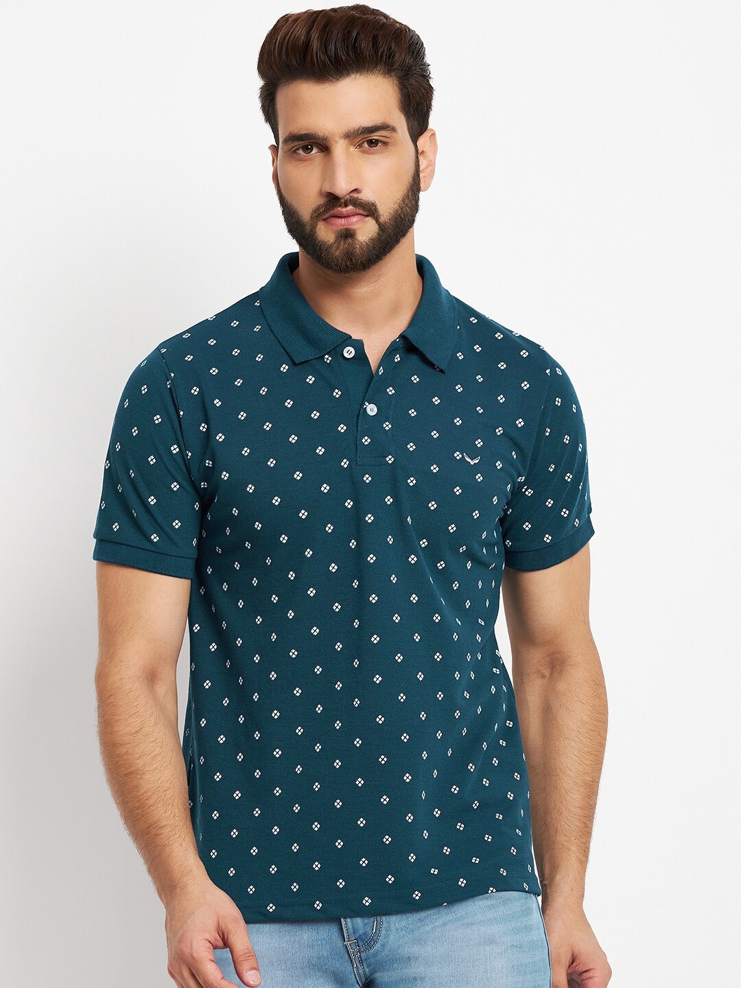 

VERO AMORE Geometric Printed Polo Collar Cotton T-shirt, Blue
