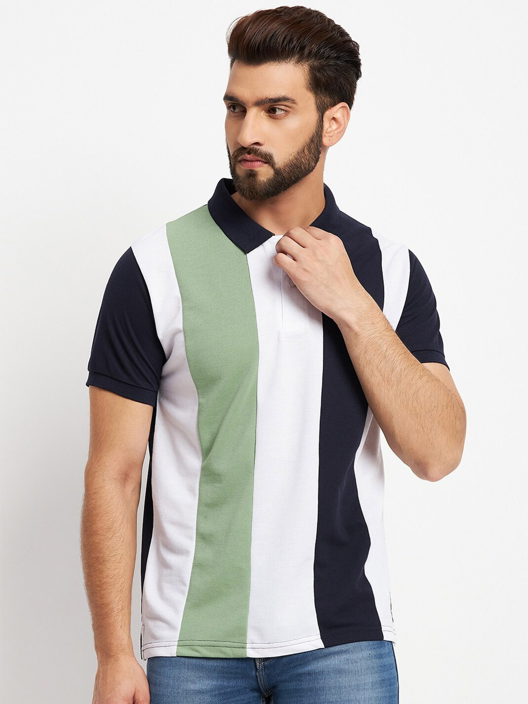 

VERO AMORE Striped Polo Collar Cotton T-shirt, Green