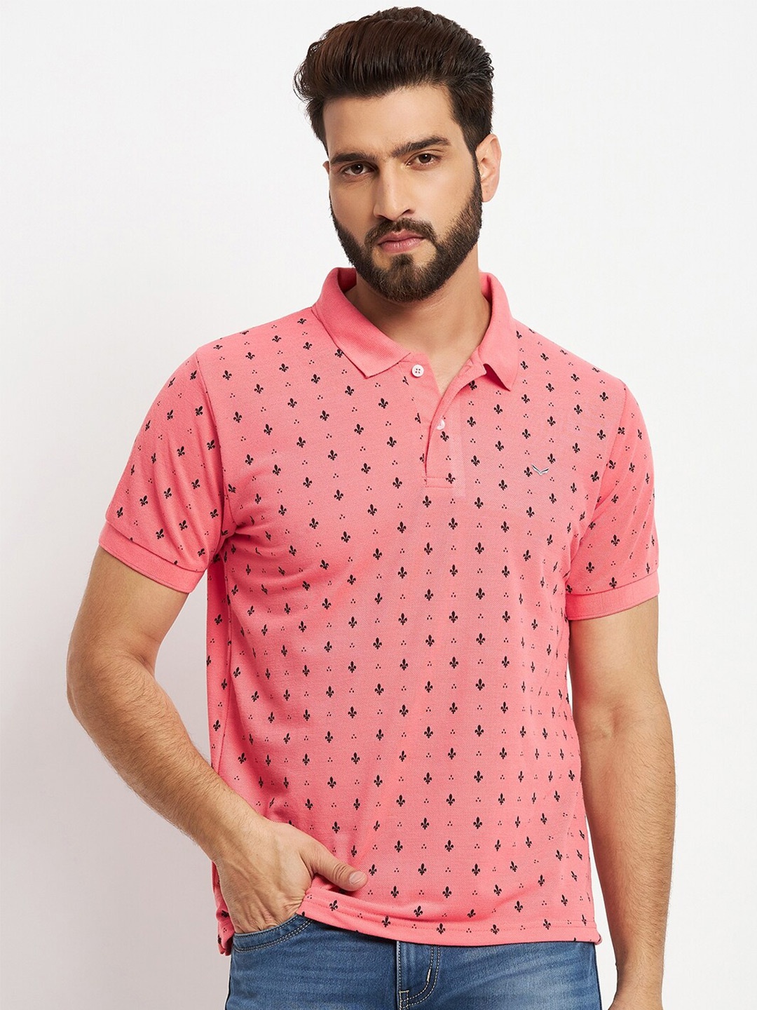 VERO AMORE Men Printed Cotton Polo Collar T-shirt, Peach