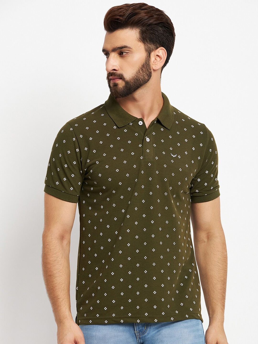 

VERO AMORE Printed Polo Collar Cotton T-shirt, Olive