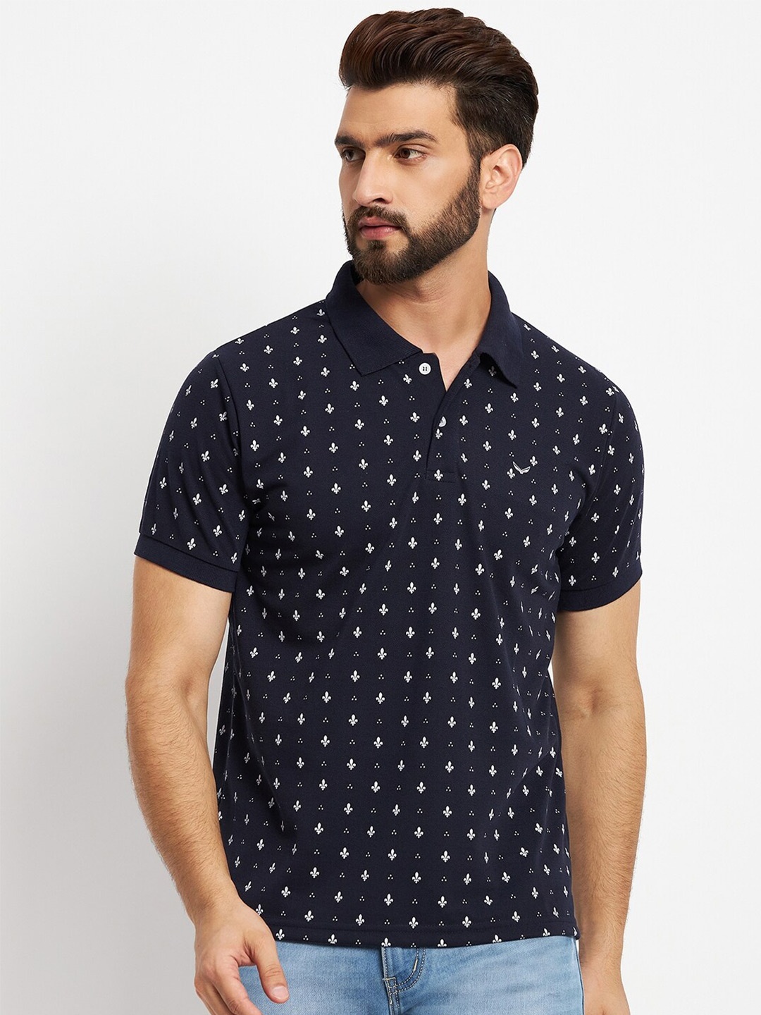 VERO AMORE Floral Printed Polo Cotton T-shirt, Navy blue