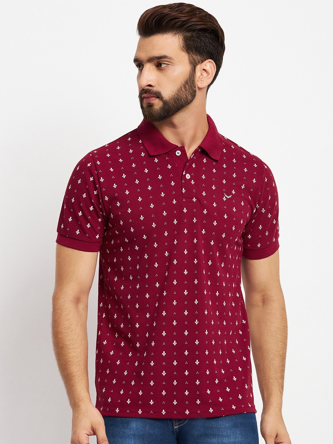 

VERO AMORE Ethnic Motifs Printed Polo Collar Cotton T-shirt, Maroon