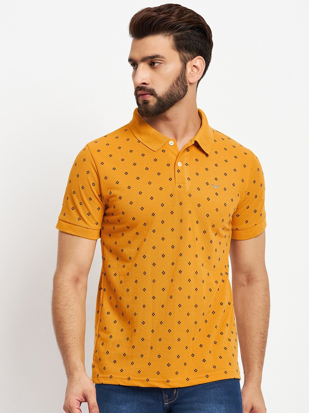 

VERO AMORE Men Printed Cotton Polo Collar T-shirt, Yellow