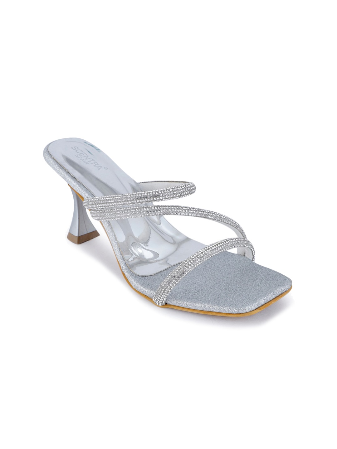 

SCENTRA Embellished Open Toe Block Heels, Silver
