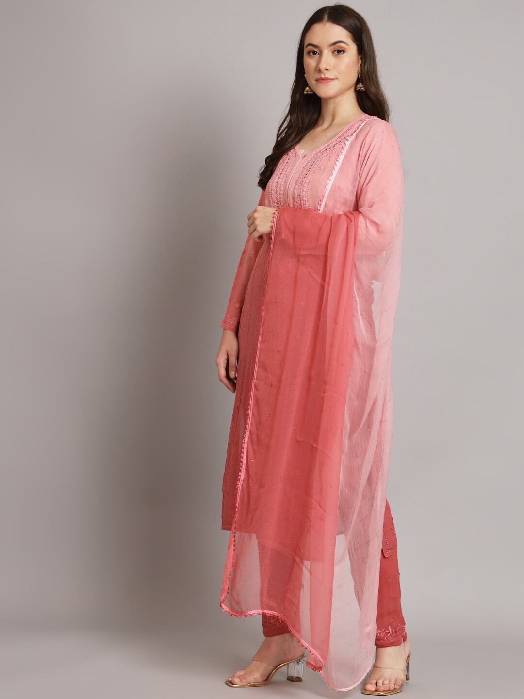 

PARAMOUNT CHIKAN Ethnic Motifs Embroidered Chikankari Kurta With Palazzos & Dupatta, Coral