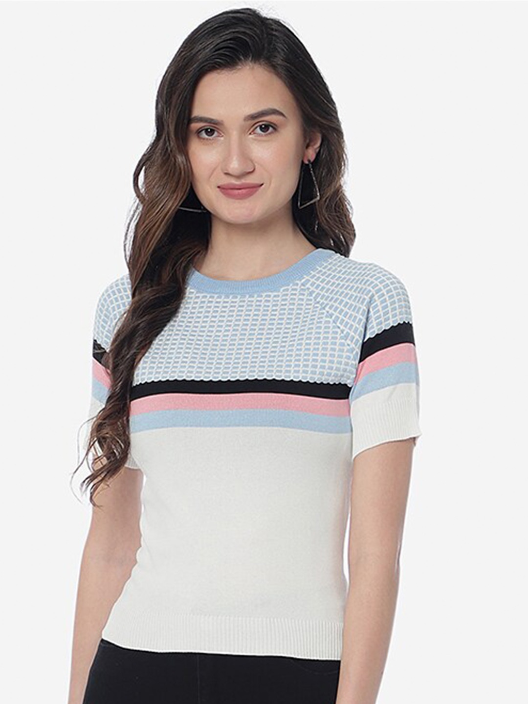 

HSR Round Neck Horizontal Striped Fitted Top, White