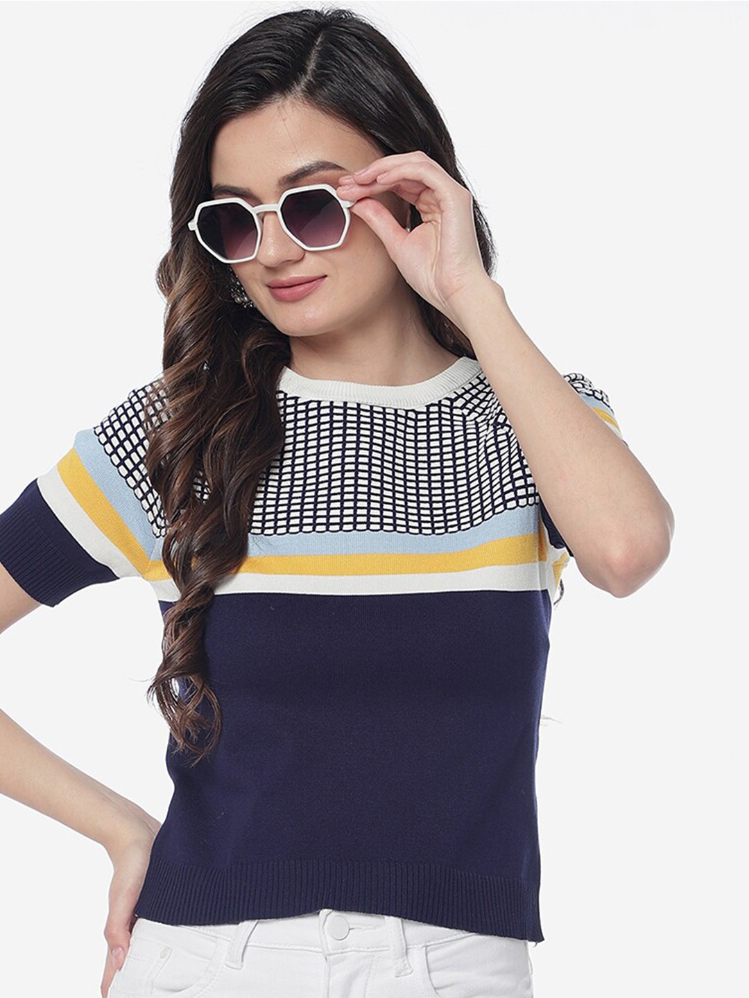 

HSR Round Neck Horizontal Striped Fitted Top, Navy blue