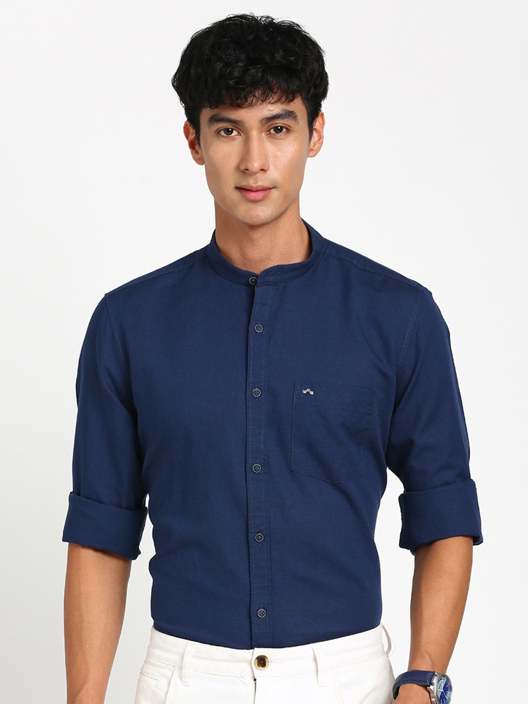 

Turtle Band Collar Relaxed Slim Fit Linen Cotton Formal Shirt, Navy blue