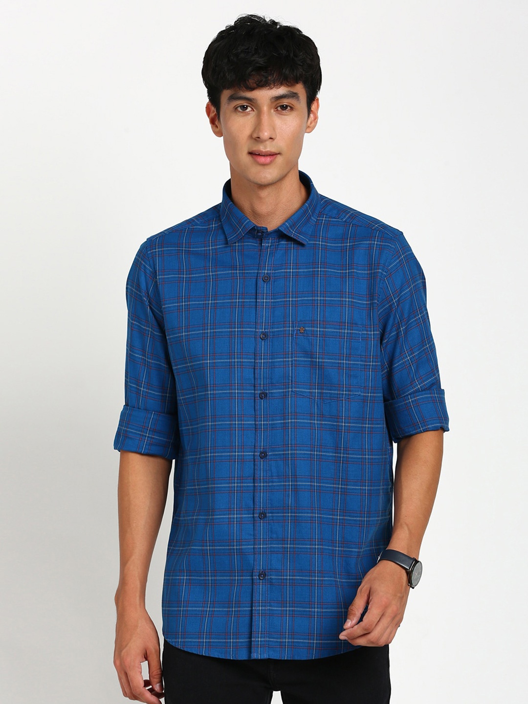 

Turtle Relaxed Slim Fit Tartan Checked Pure Cotton Casual Shirt, Blue