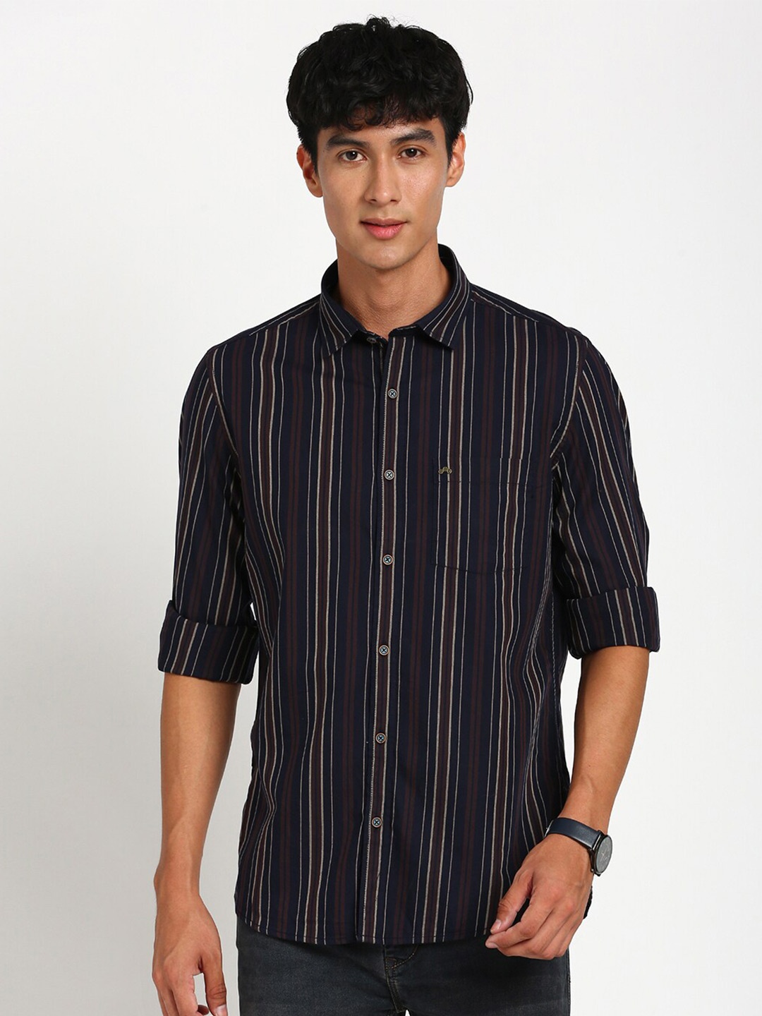 

Turtle Relaxed Slim Fit Opaque Striped Cotton Casual Shirt, Navy blue