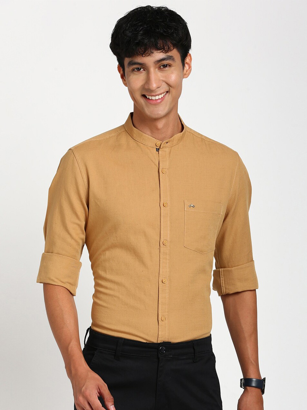 

Turtle Band Collar Relaxed Slim Fit Linen Cotton Formal Shirt, Khaki