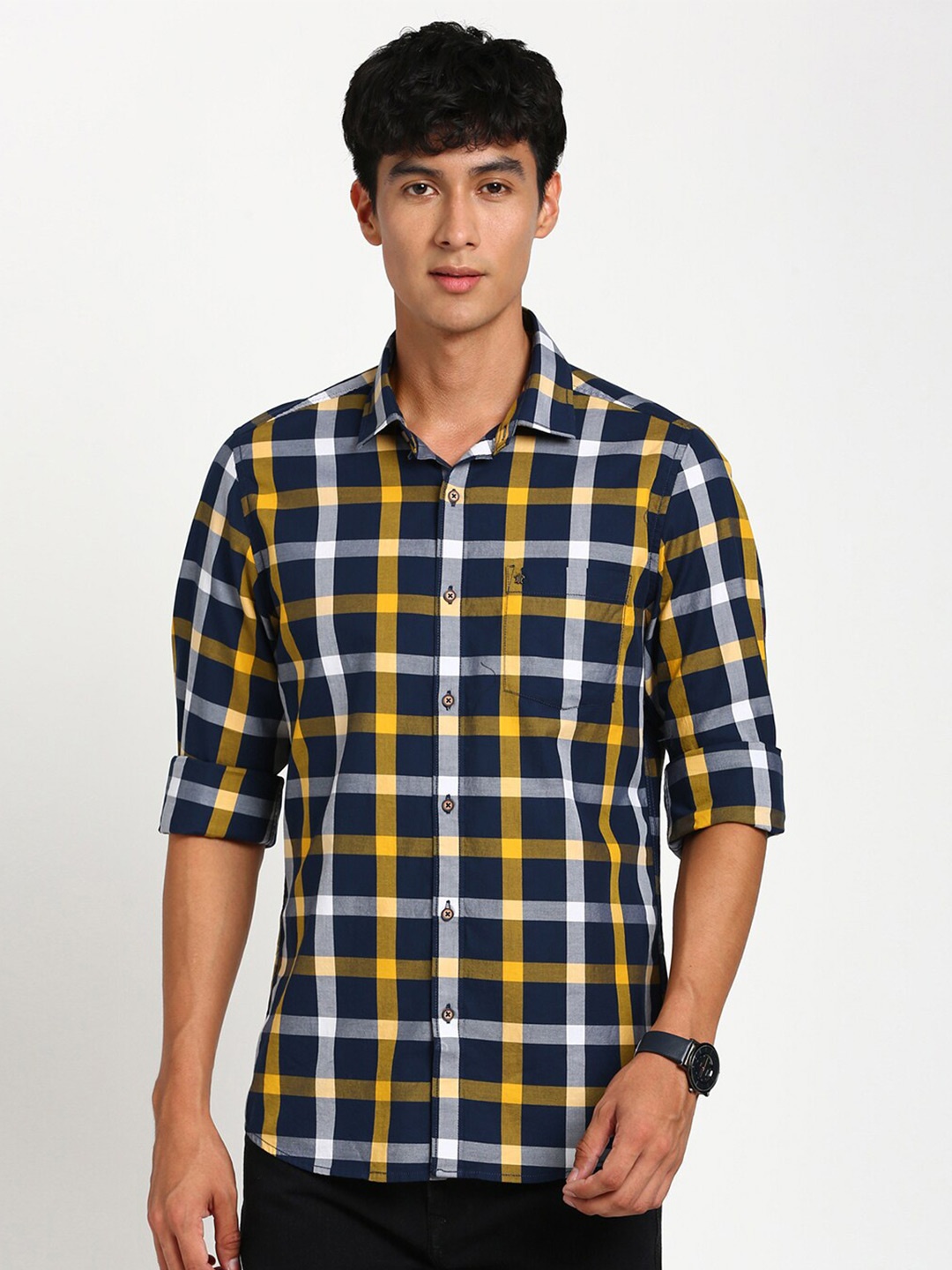 

Turtle Relaxed Slim Fit Tartan Checks Opaque Checked Cotton Casual Shirt, Navy blue