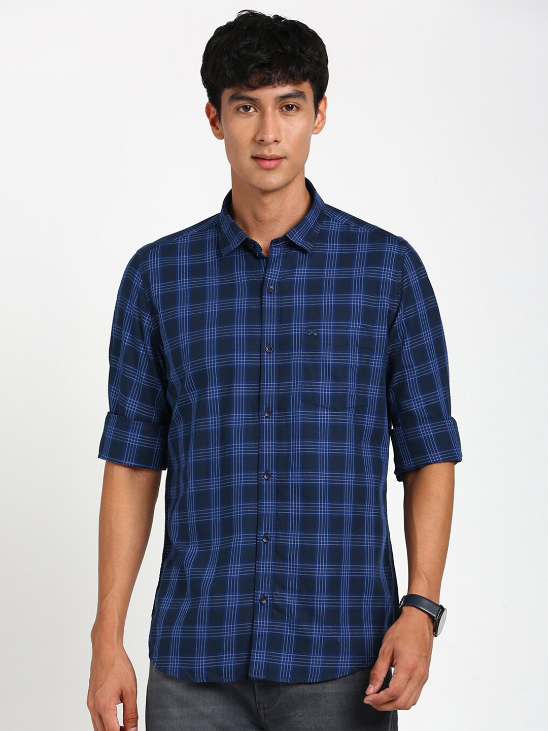 

Turtle Buffalo Checked Relaxed Slim Fit Pure Cotton Casual Shirt, Navy blue
