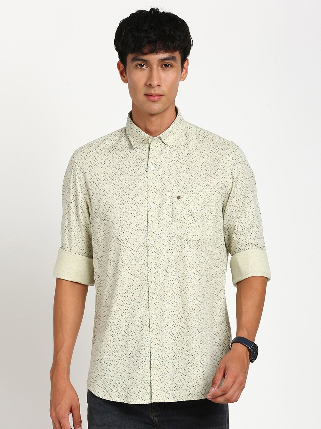 

Turtle Relaxed Slim Fit Micro Ditsy Printed Pure Cotton Casual Shirt, Beige