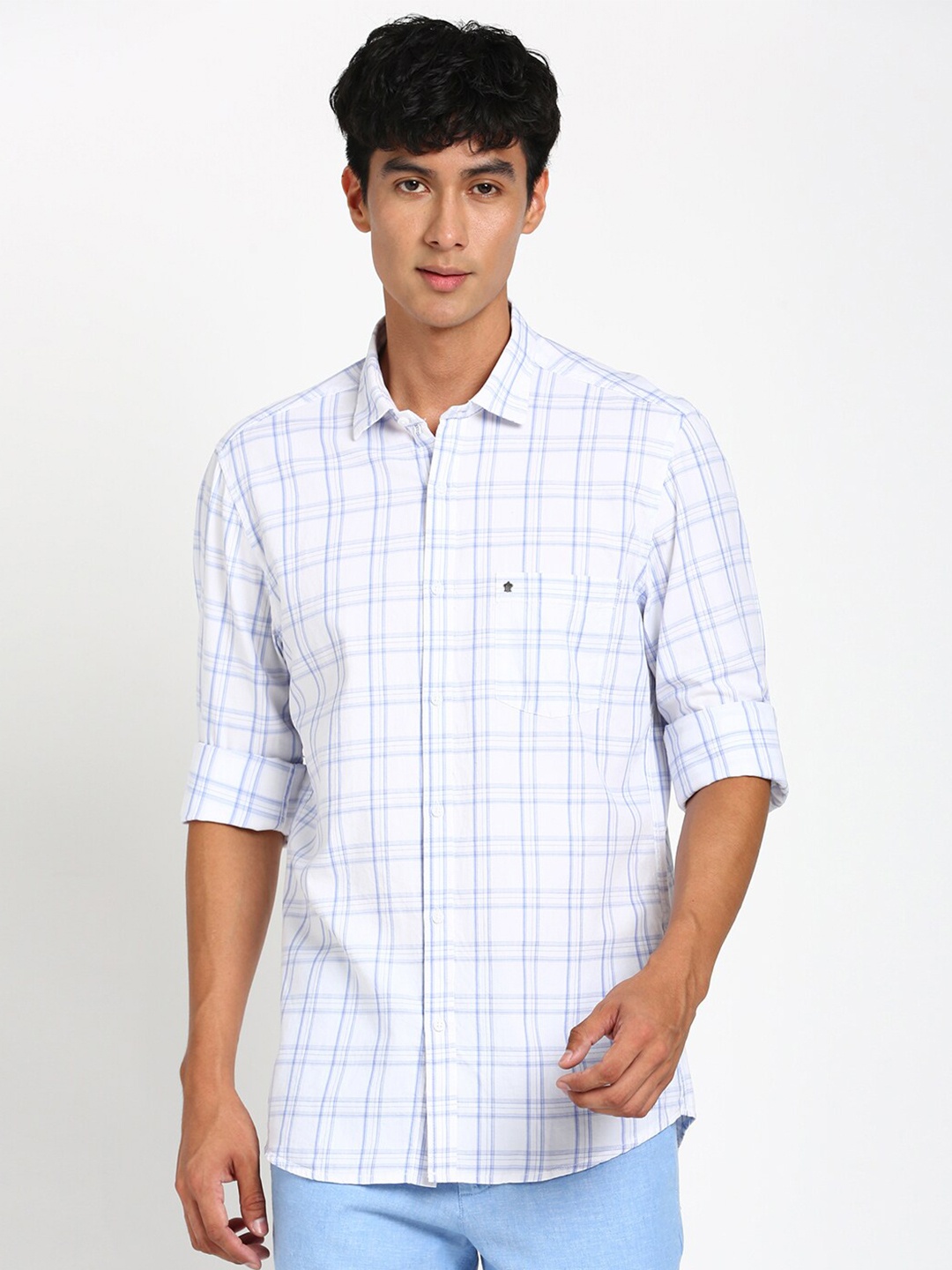 

Turtle Relaxed Slim Fit Grid Tattersall Checked Pure CottonCasual Shirt, White