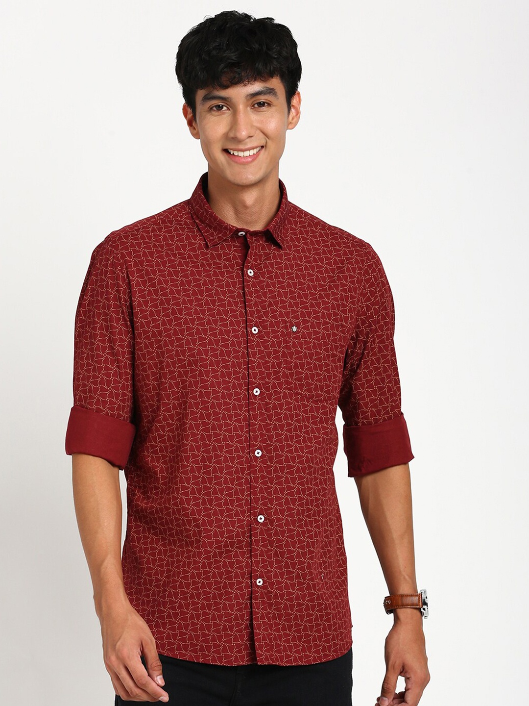 

Turtle Relaxed Slim Fit Micro Ditsy Printed Casual Pure Cotton Shirt, Maroon