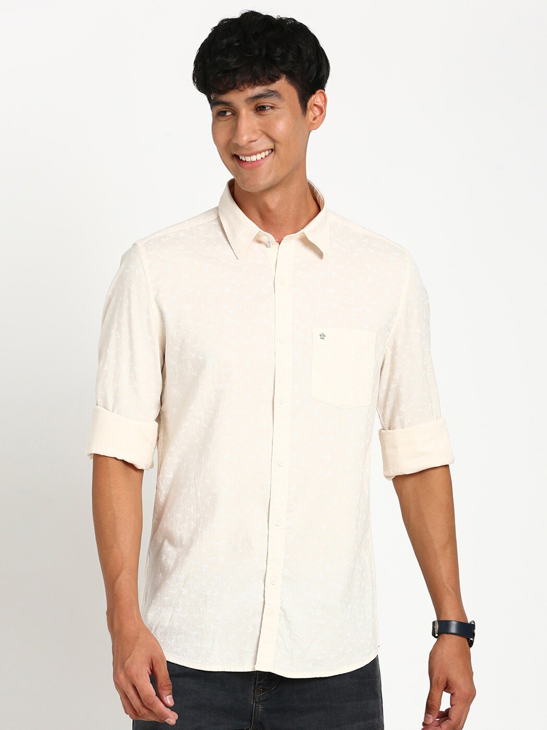 

Turtle Relaxed Slim Fit Geometric Printed Pure Cotton Casual Shirt, Beige