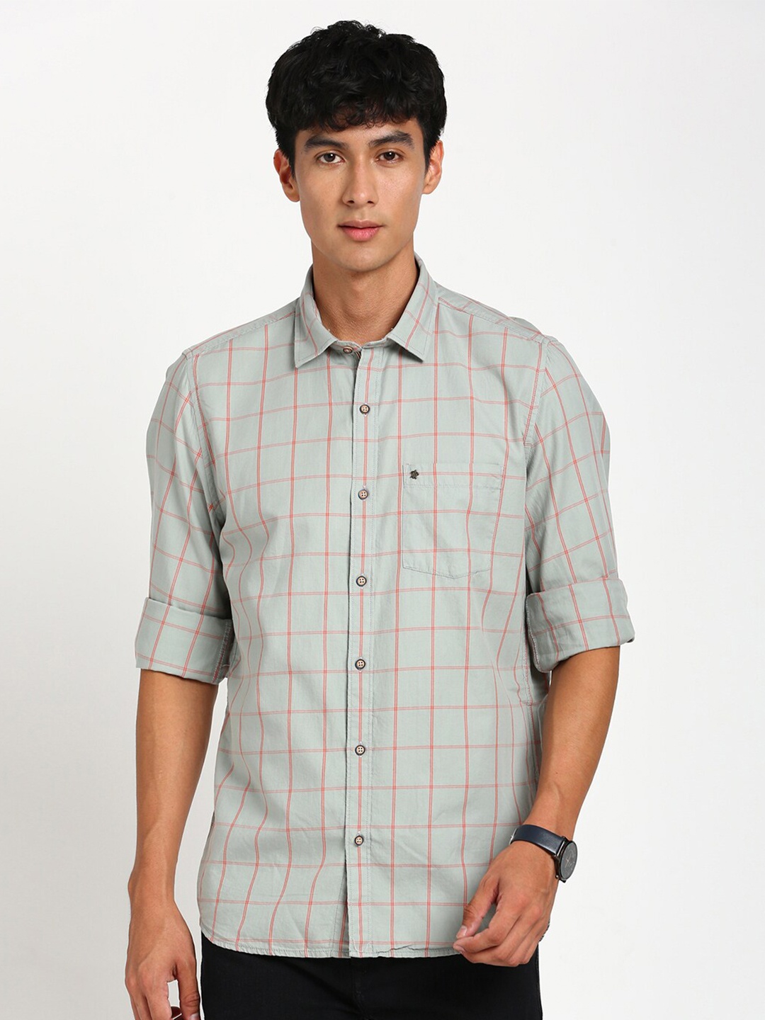 

Turtle Relaxed Slim Fit Windowpane Checked Pure Cotton Casual Shirt, Grey