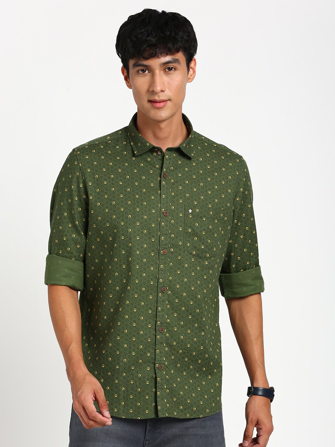 

Turtle Relaxed Slim Fit Micro Ditsy Printed Casual Pure Cotton Shirt, Green