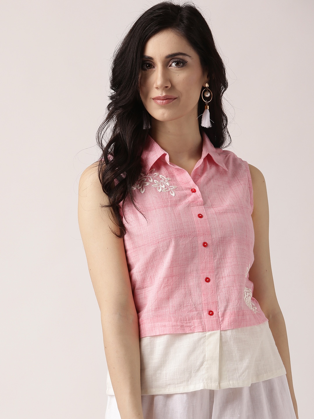 

IMARA Women Pink & White Regular Fit Panelled Casual Shirt