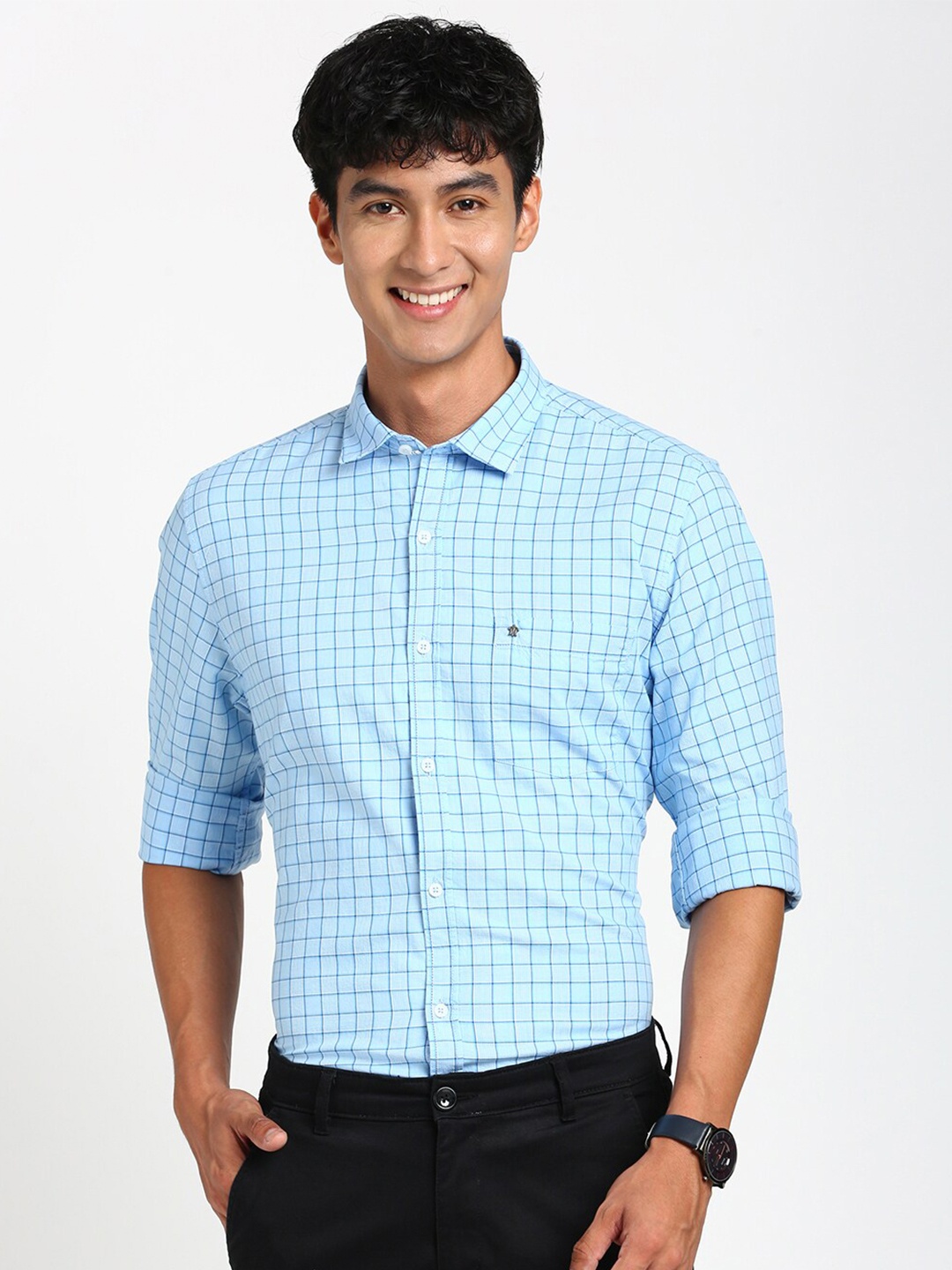 

Turtle Relaxed Slim Fit Grid Tattersall Checks Opaque Checked Cotton Casual Shirt, Blue