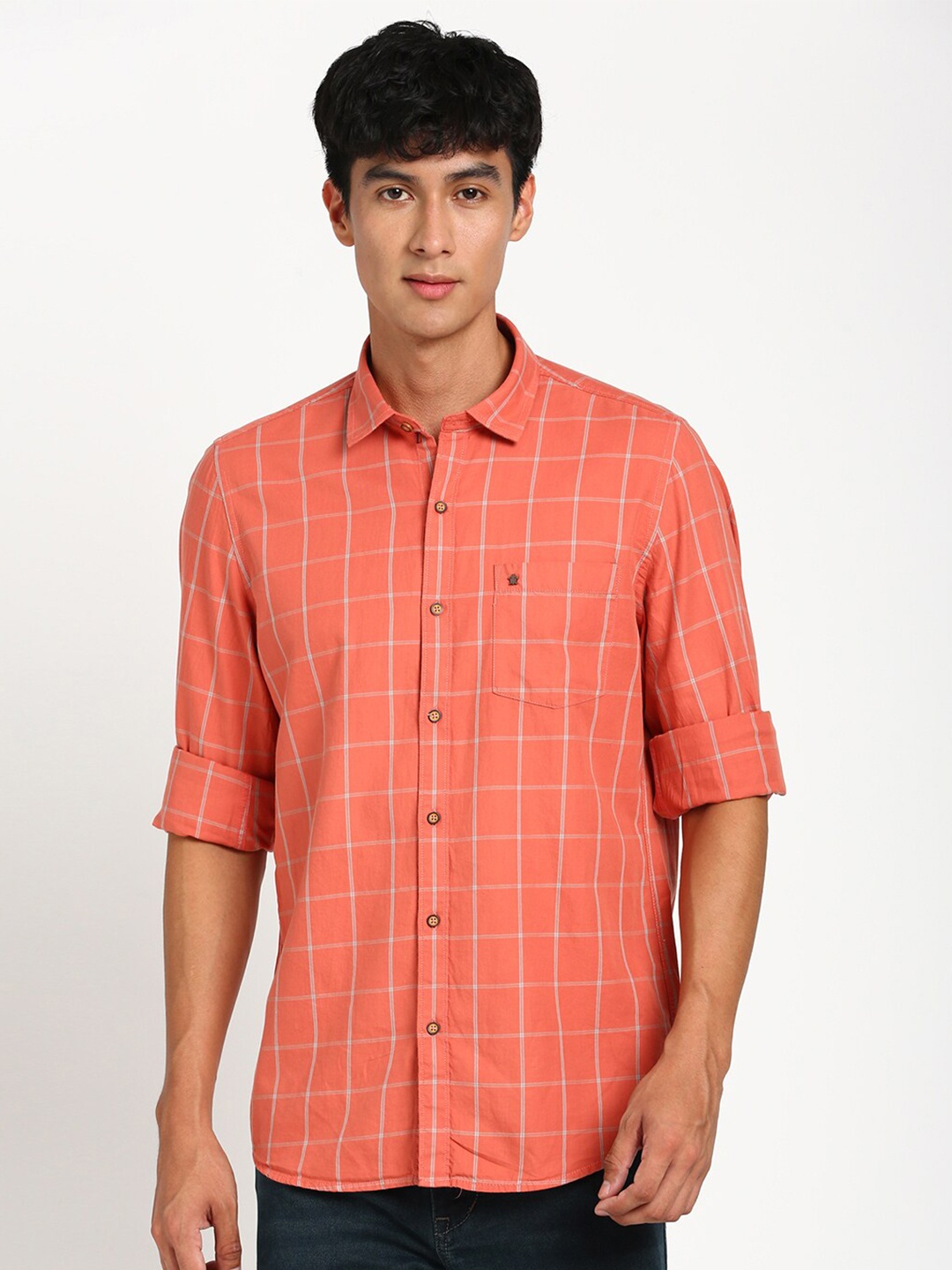 

Turtle Windowpane Checked Relaxed Slim Fit Pure Cotton Casual Shirt, Orange