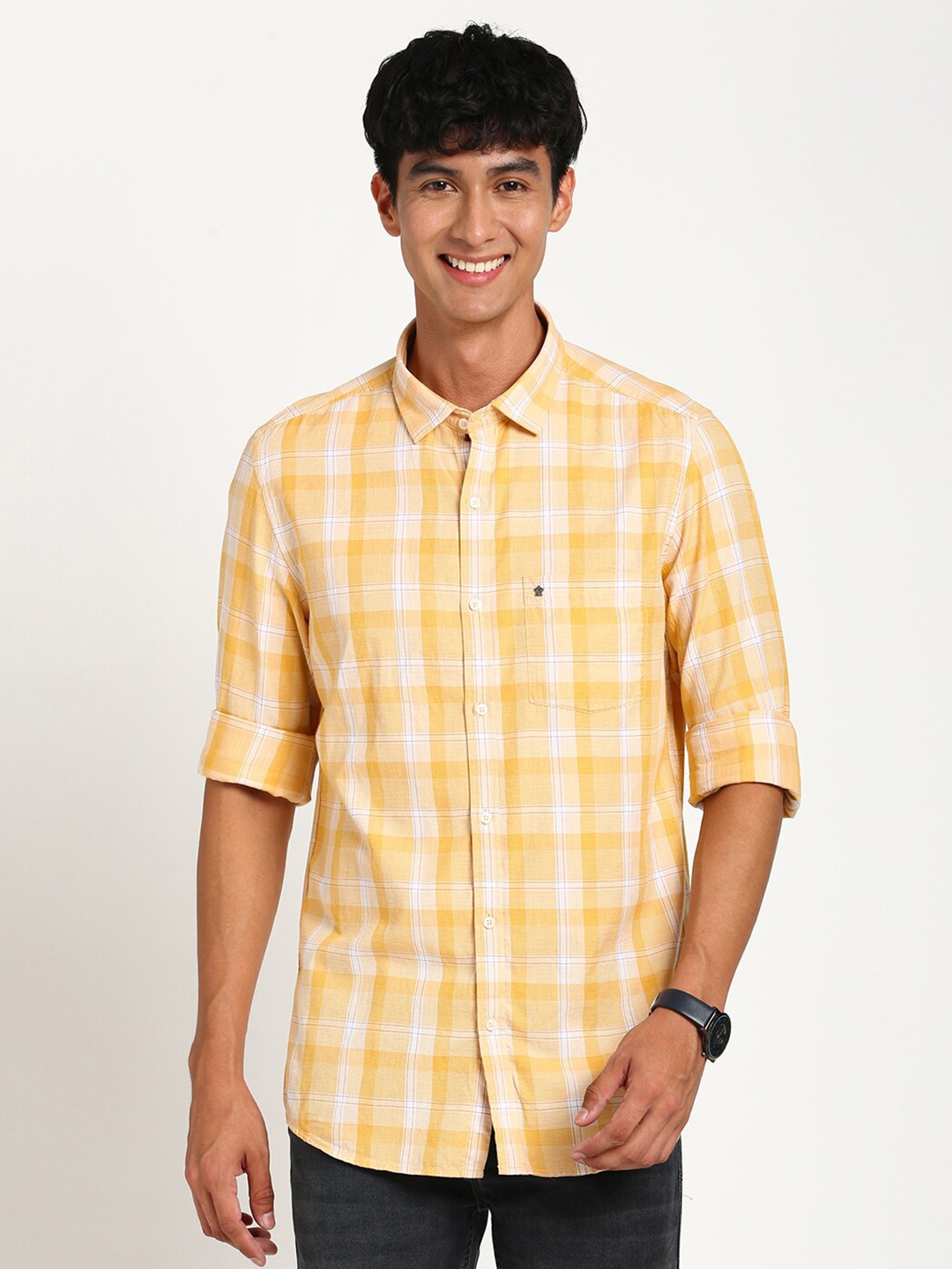 

Turtle Relaxed Slim Fit Tartan Checked Pure Cotton Casual Shirt, Yellow