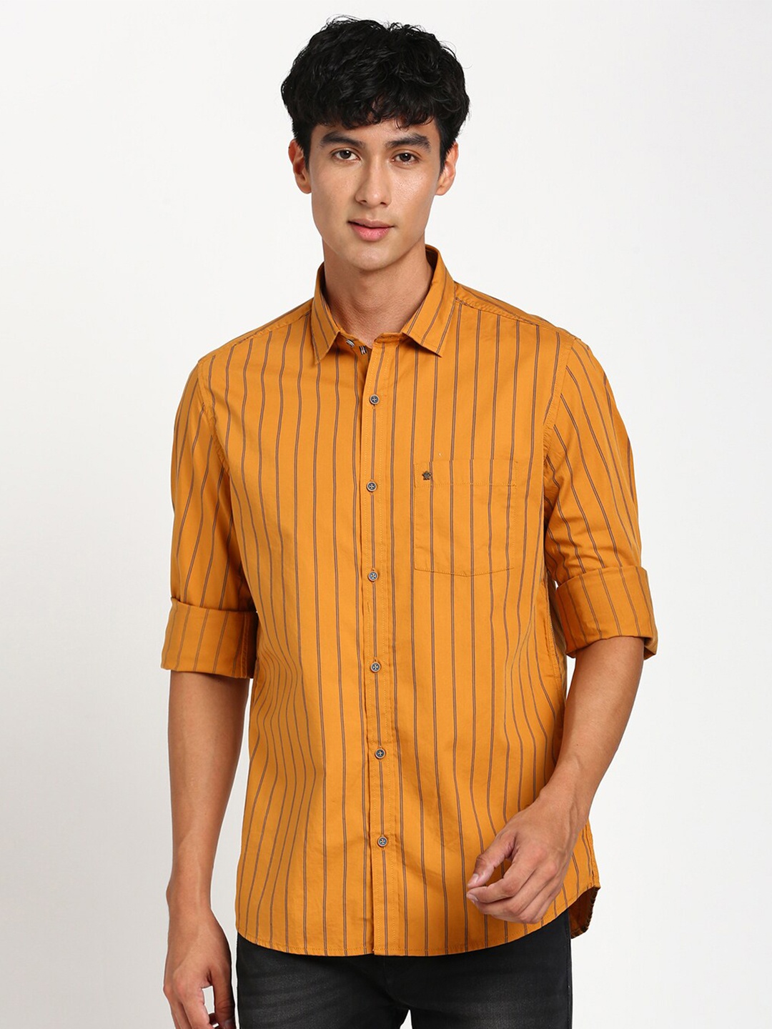 

Turtle Relaxed Slim Fit Striped Pure Cotton Casual Shirt, Mustard