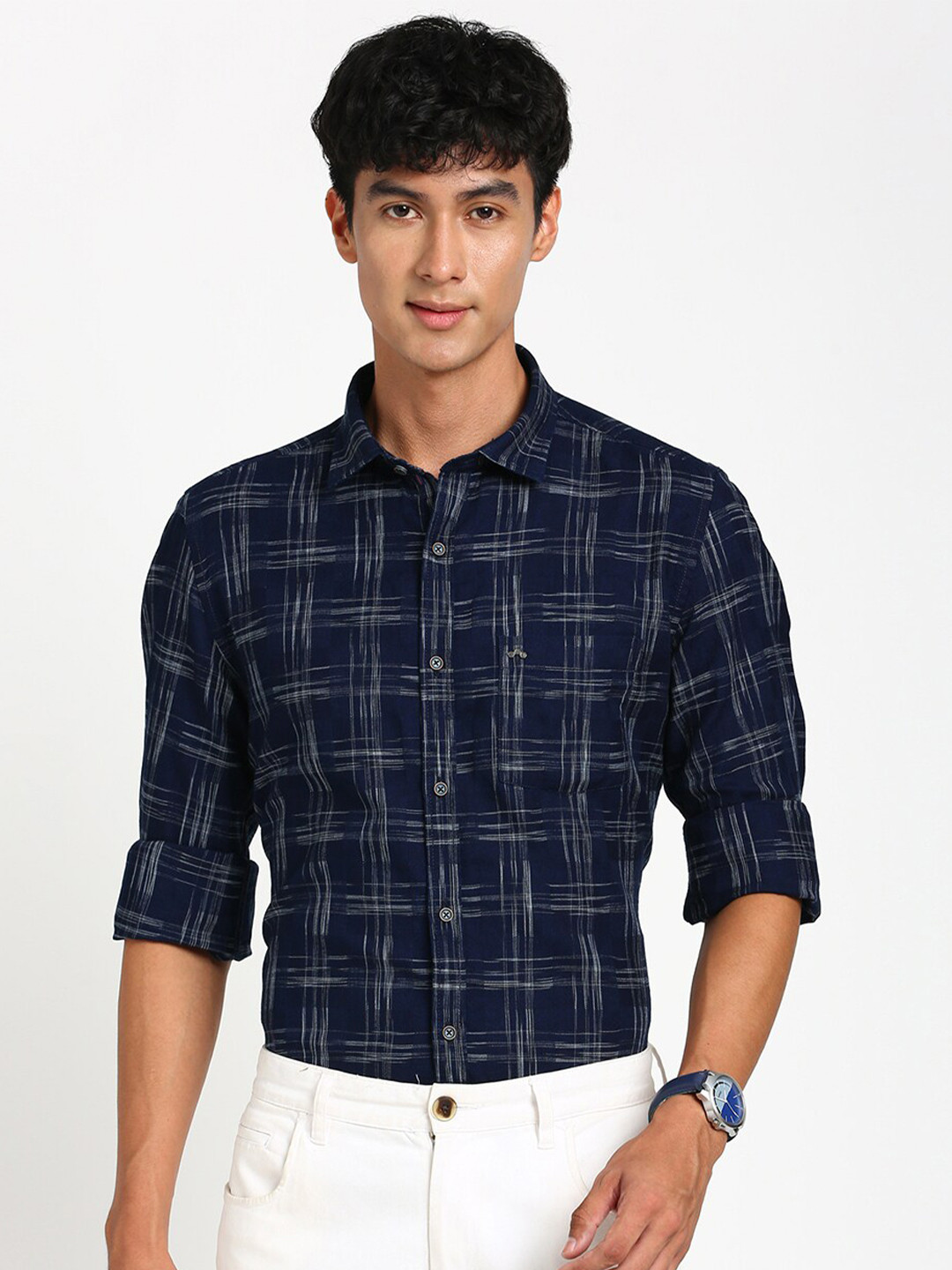 

Turtle Relaxed Slim Fit Checked Pure Cotton Casual Shirt, Navy blue
