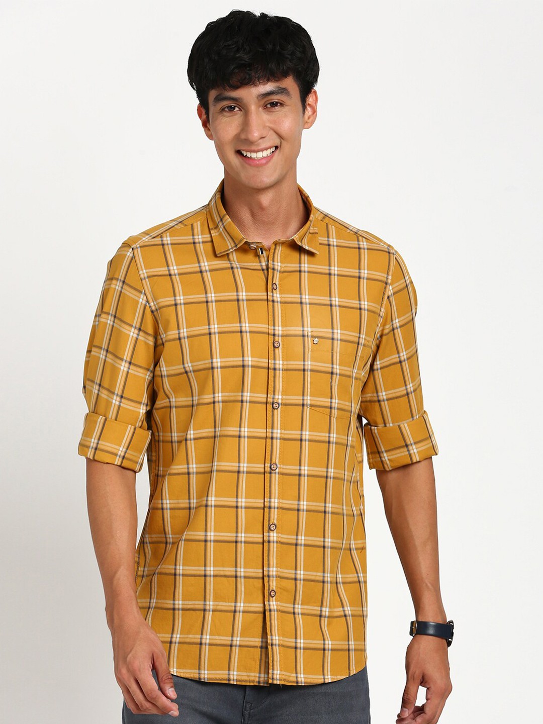 

Turtle Relaxed Slim Fit Tartan Checked Pure Cotton Casual Shirt, Yellow