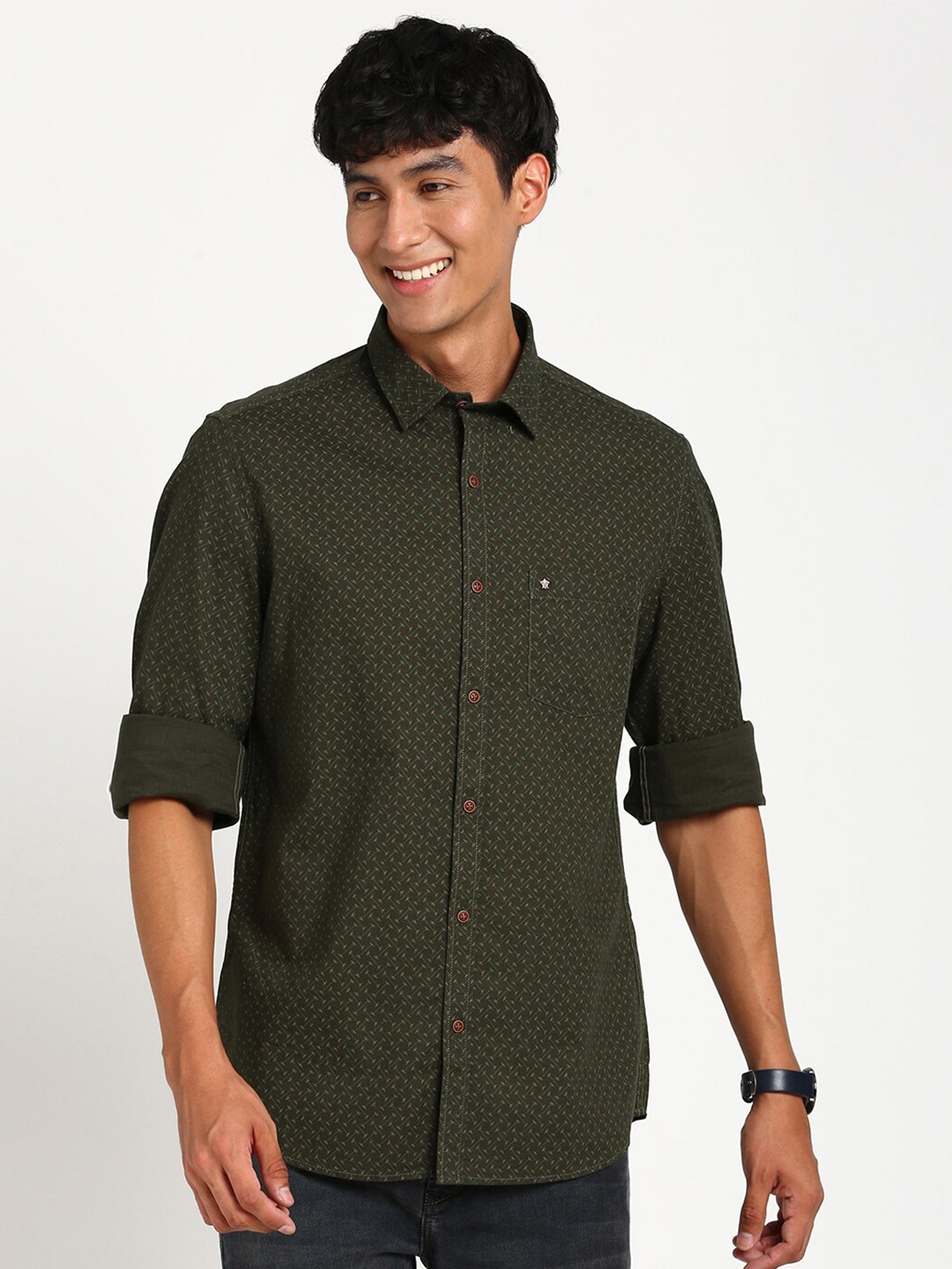 

Turtle Relaxed Slim Fit Opaque Printed Cotton Casual Shirt, Olive