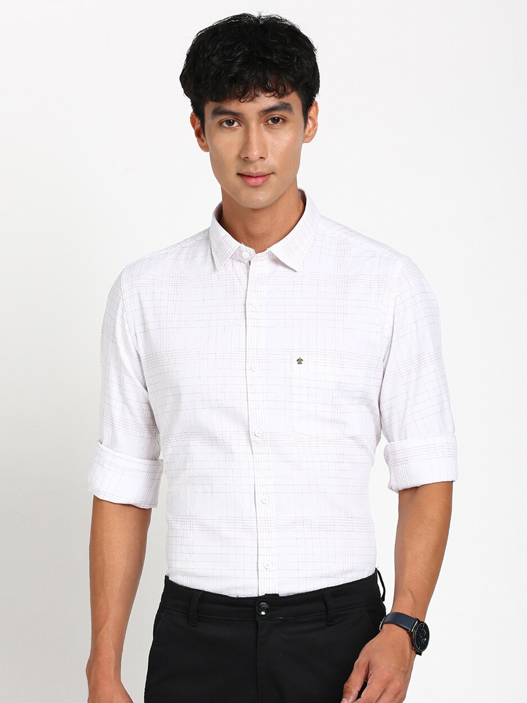 

Turtle Relaxed Slim Fit Checked Pure Cotton Casual Shirt, White