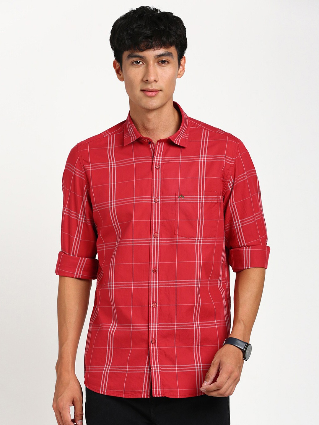 

Turtle Relaxed Slim Fit Windowpane Checked Casual Pure Cotton Shirt, Red