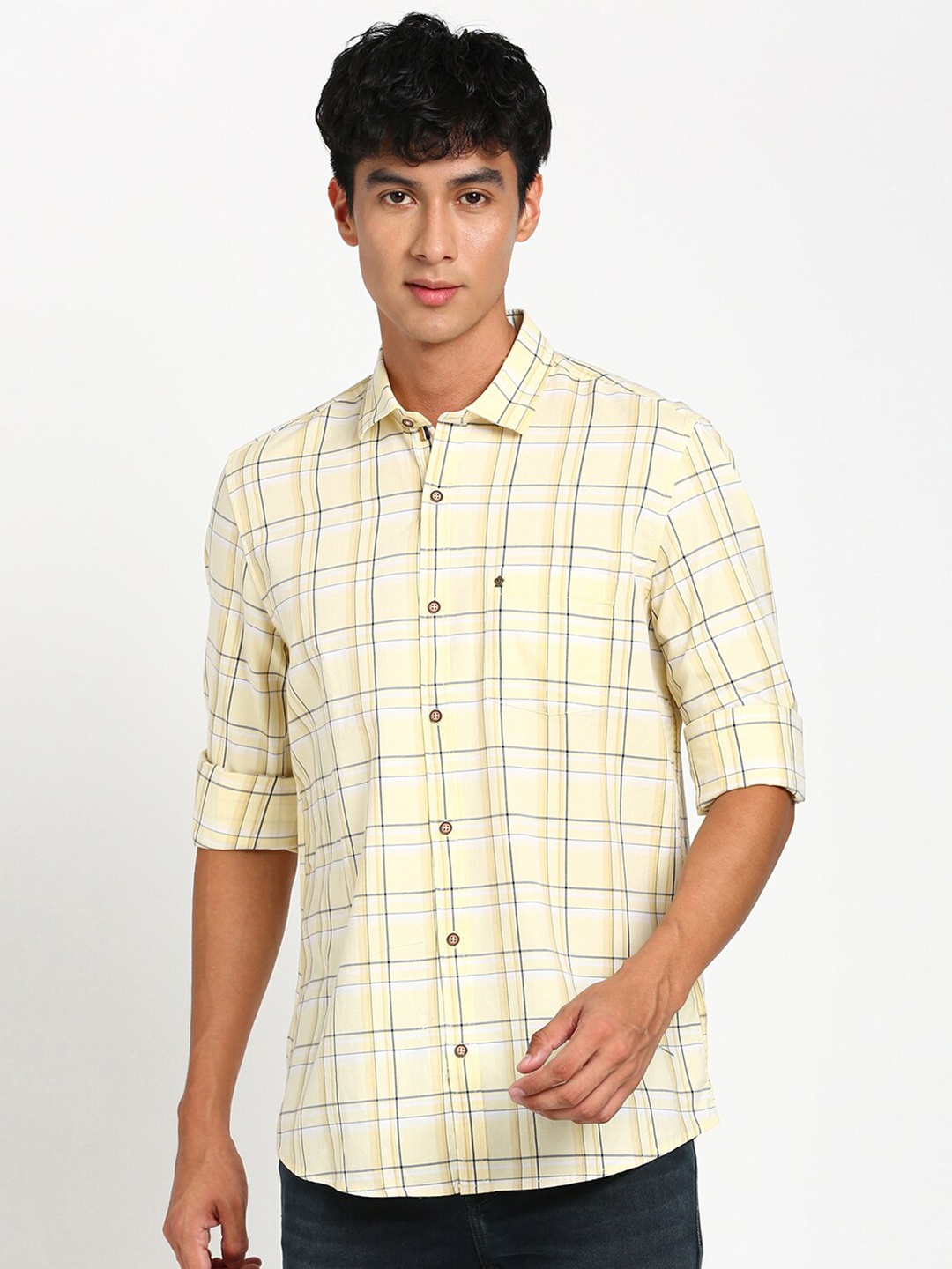 

Turtle Relaxed Slim Fit Tartan Checked Pure Cotton Casual Shirt, Yellow