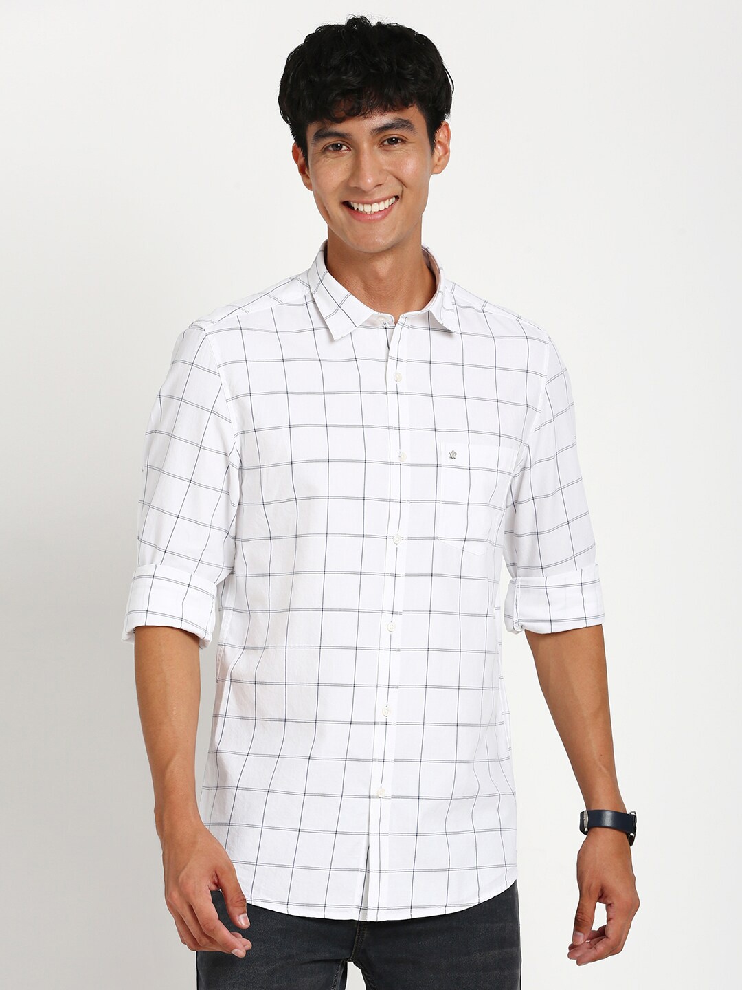 

Turtle Relaxed Slim Fit Windowpane Checked Casual Pure Cotton Shirt, White