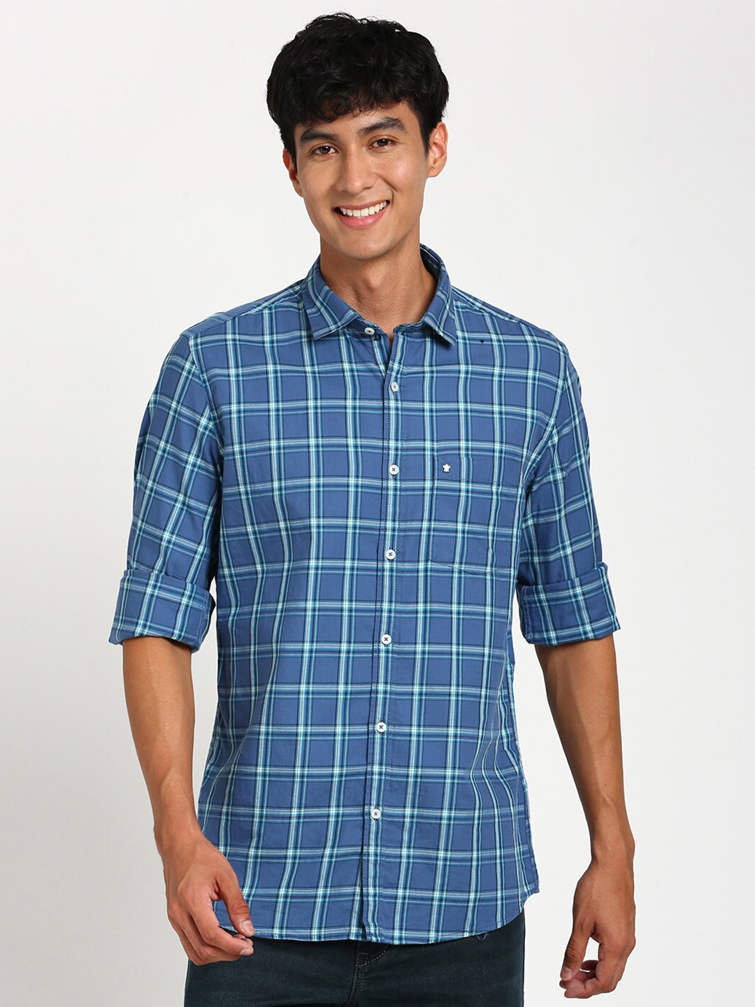 

Turtle Relaxed Slim Fit Checked Pure Cotton Casual Shirt, Blue