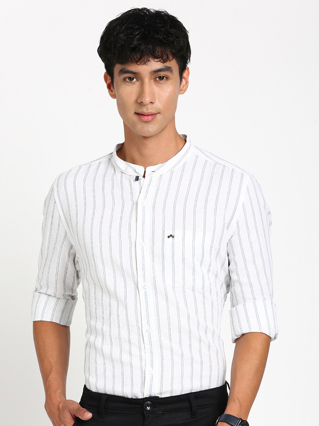 

Turtle Relaxed Slim Fit Striped Band Collar Cotton Linen Casual Shirt, White