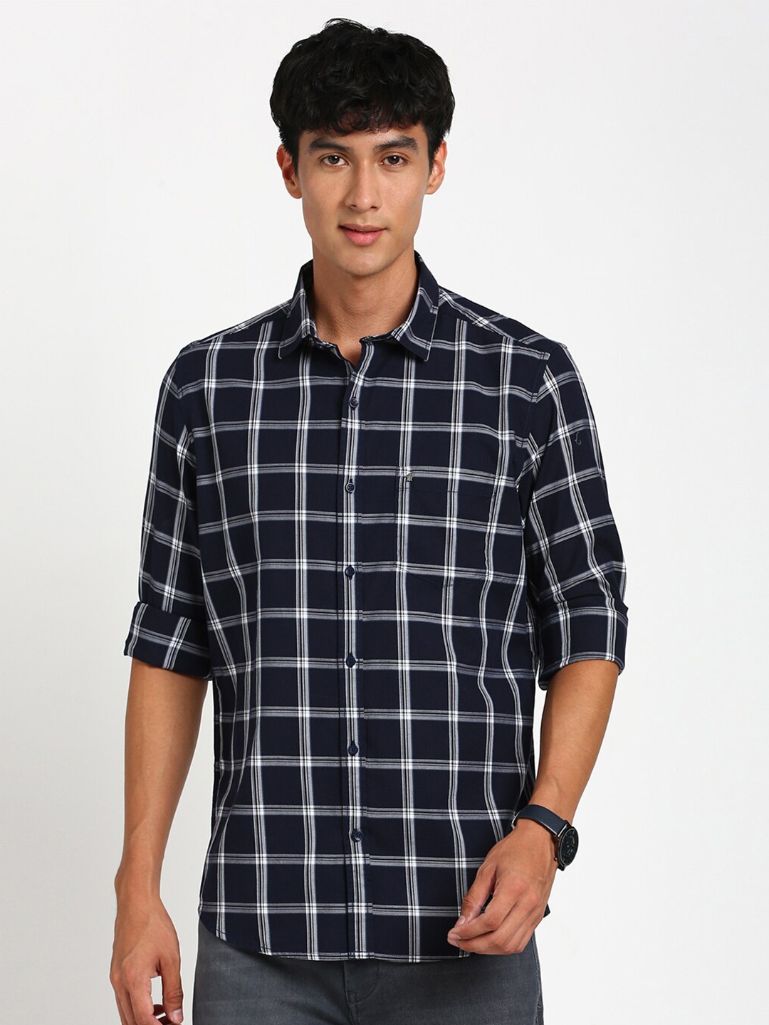 

Turtle Relaxed Slim Fit Tartan Checks Checked Pure Cotton Casual Shirt, Navy blue