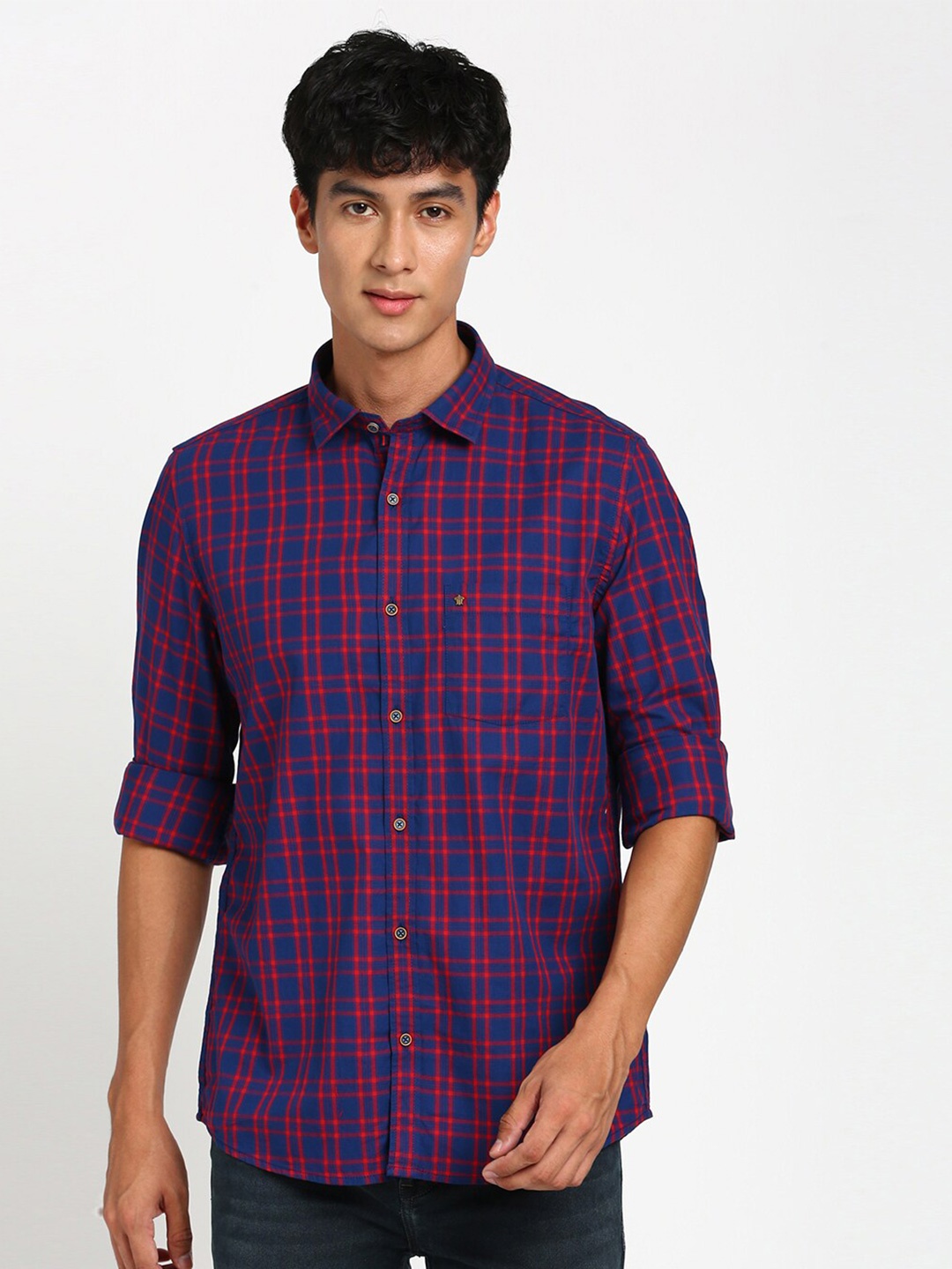 

Turtle Relaxed Slim Fit Tartan Checked Casual Pure Cotton Shirt, Navy blue