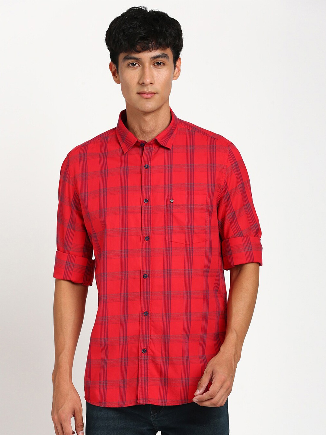 

Turtle Relaxed Slim Fit Tartan Checked Pure Cotton Casual Shirt, Red