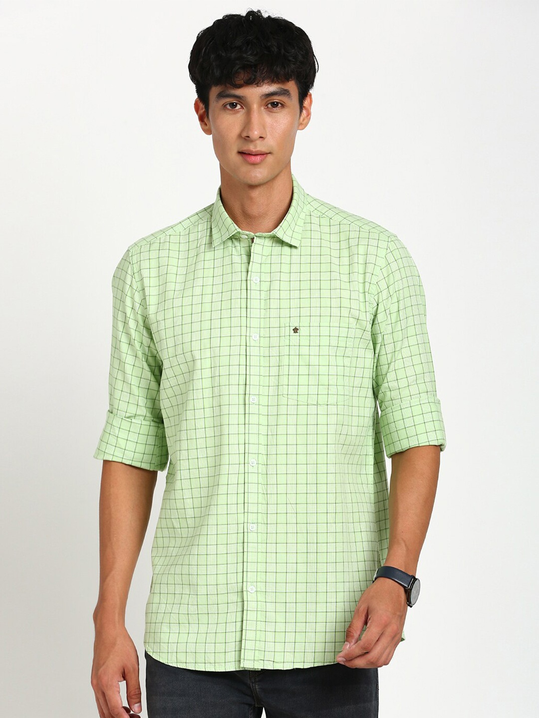 

Turtle Relaxed Slim Fit Grid Tattersall Checked Cotton Casual Shirt, Green