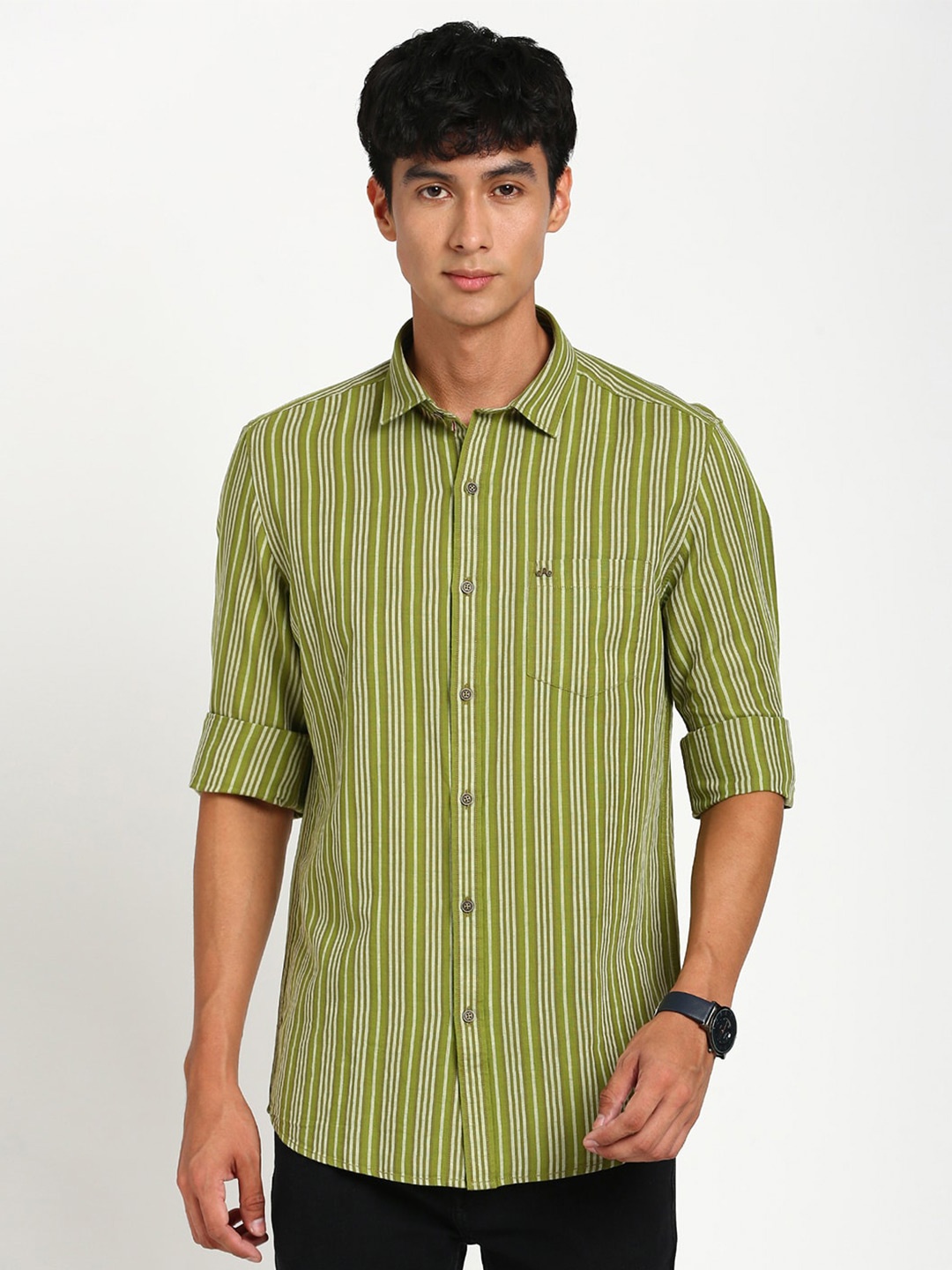 

Turtle Vertical Striped Relaxed Slim Fit Cotton Linen Casual Shirt, Green