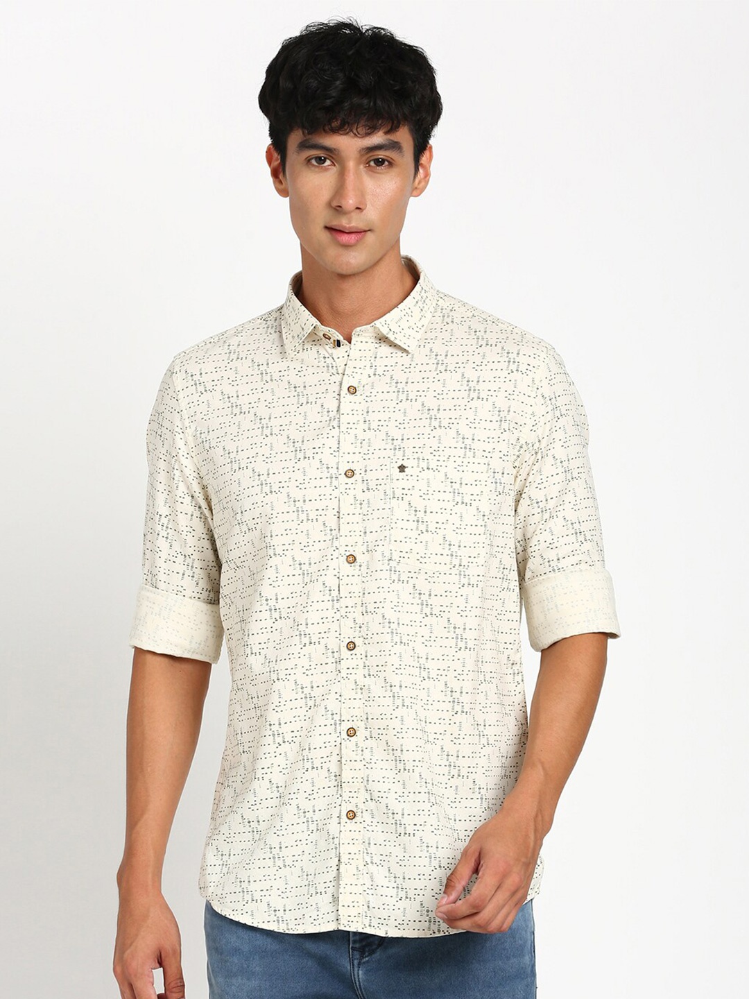 

Turtle Micro Ditsy Printed Relaxed Slim Fit Pure Cotton Casual Shirt, Cream