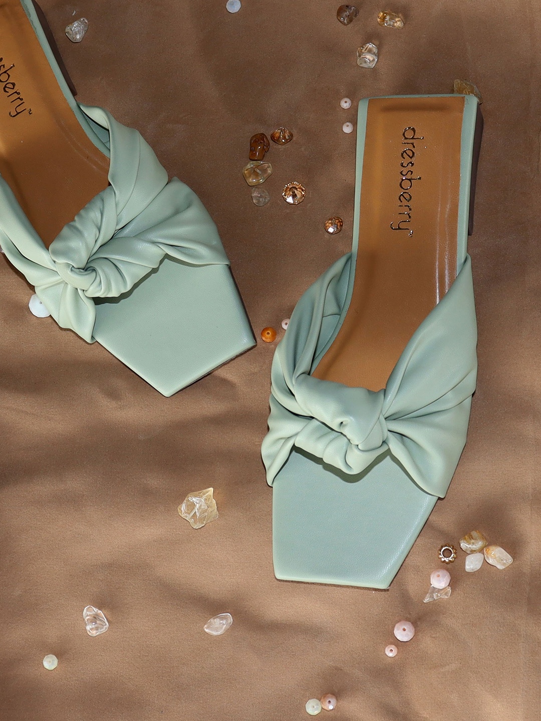 

DressBerry Sea Green Knotted Strap Open Toe Flats