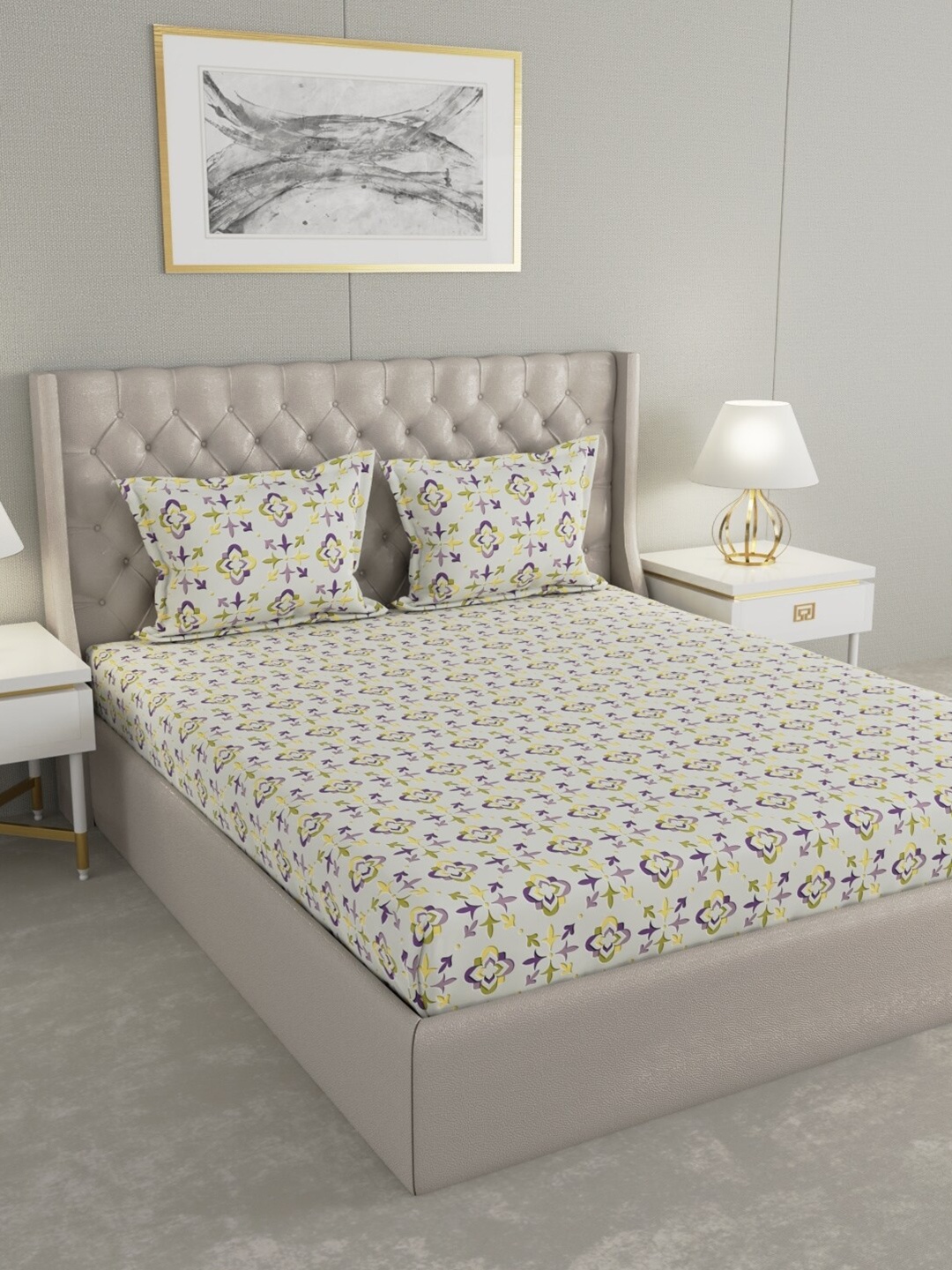 

Raymond Home White & Purple Printed Cotton 104 TC Queen Bedsheet With 2 Pillow Covers